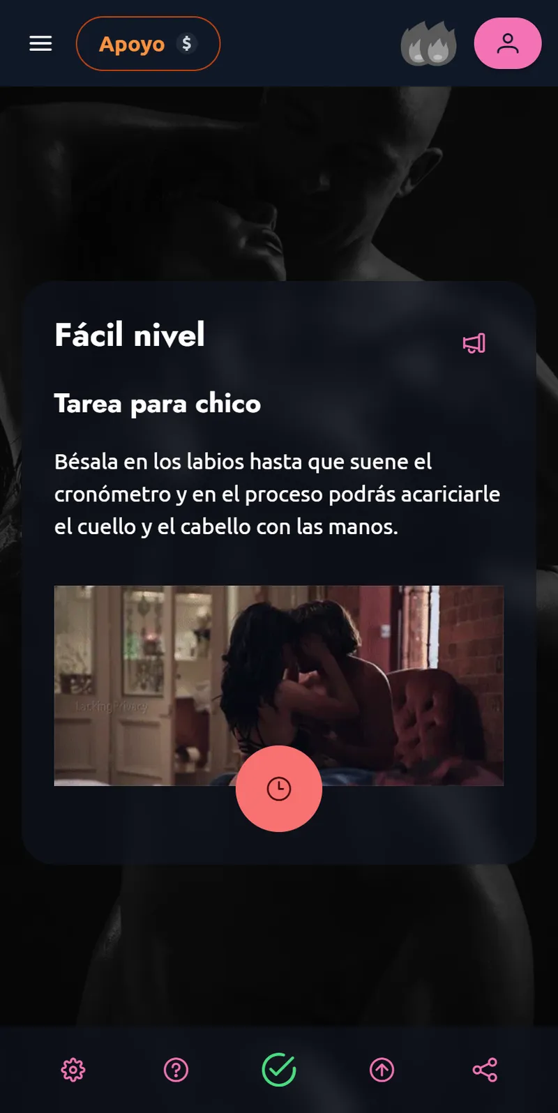 Fragmento de una tarjeta de nivel fácil con una tarea de besos, una ilustración y un temporizador